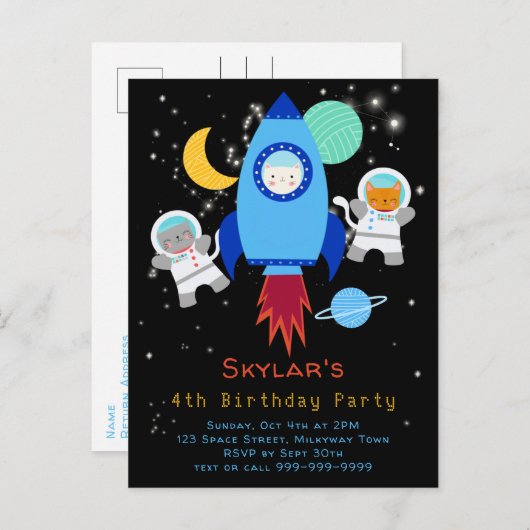 Outer Space Kittens Kat Astronaut Kinderen Verjaar Uitnodiging Briefkaart (Voorkant / Achterkant)