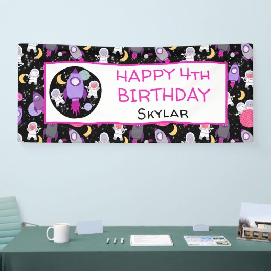 Outer Space Kittens Kat Astronaut Paarse Verjaarda Spandoek (Beurs)