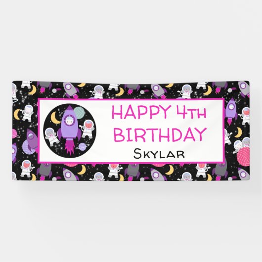Outer Space Kittens Kat Astronaut Paarse Verjaarda Spandoek (Horizontaal)