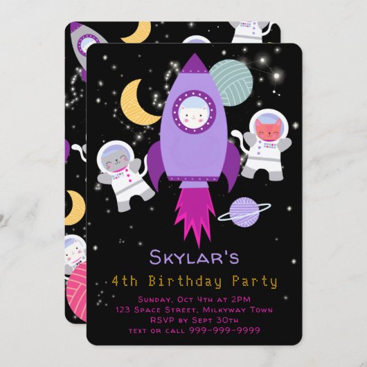 Outer Space Kittens Kat Astronaut Verjaardag Roze Kaart (Voorkant / Achterkant)