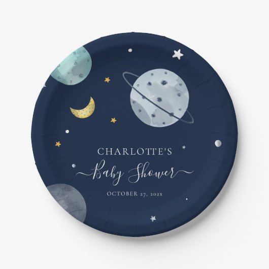 Outer Space Modern Baby shower Papieren Bordje (Voorkant)