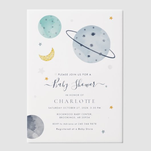 Outer Space Modern Baby shower Vellum Uitnodigingen (Voorkant)