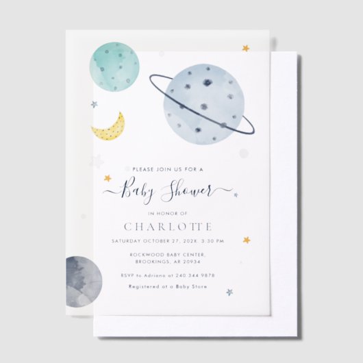 Outer Space Modern Baby shower Vellum Uitnodigingen (Offset)