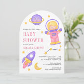 Outer Space Pink Girl Astronaut Arch Baby shower Kaart (Staand voorkant)
