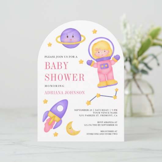 Outer Space Pink Girl Astronaut Arch Baby shower Kaart (Staand voorkant)