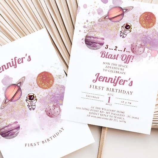 Outer Space Pink Planets Girl First Birthday Kaart