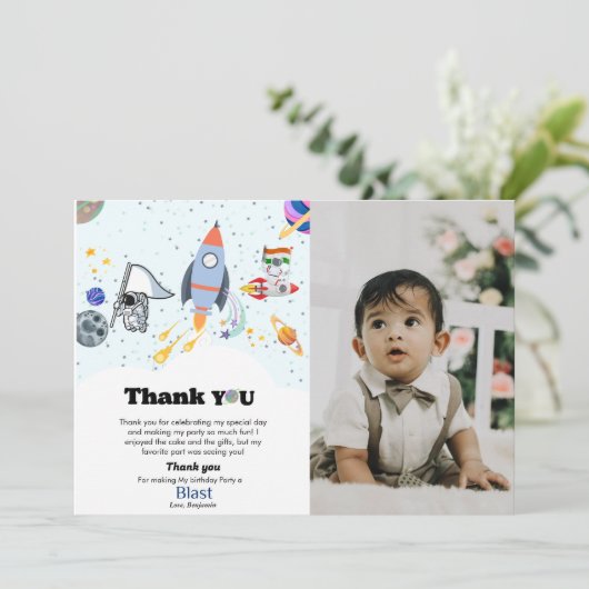 Outer Space planet boy verjaardag dank u kaart (Staand voorkant)