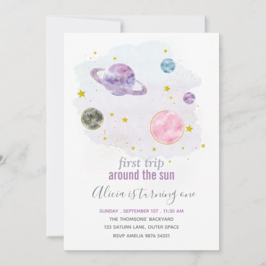 Outer Space Planet Girl eerste verjaardag uitnodig Kaart (Voorkant)