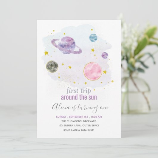 Outer Space Planet Girl eerste verjaardag uitnodig Kaart (Staand voorkant)