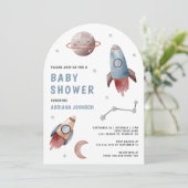 Outer Space Planeten Raket Boog Baby Shower Kaart (Staand voorkant)