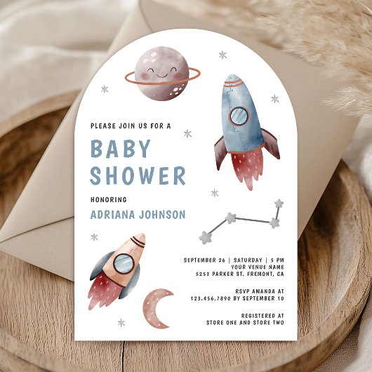 Outer Space Planeten Raket Boog Baby Shower Kaart