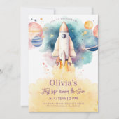 Outer Space Planeten Raket Meisje Eerste Verjaarda Kaart (Voorkant)