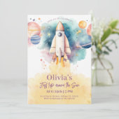 Outer Space Planeten Raket Meisje Eerste Verjaarda Kaart (Staand voorkant)