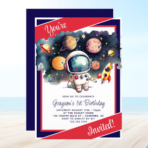 Outer Space Planeten Rood Wit Blauw Verjaardag Kaart
