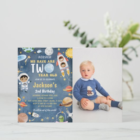 Outer Space Planets 2e verjaardag Party Foto Kaart (Staand voorkant)
