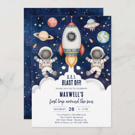 Outer Space Planets Astronaut Boy Birthday Kaart (Voorkant / Achterkant)
