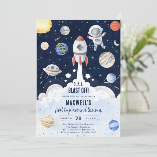 Outer Space Planets Astronaut Boy Birthday Kaart (Staand voorkant)