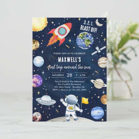 Outer Space Planets Astronaut Boy Birthday Kaart (Staand voorkant)