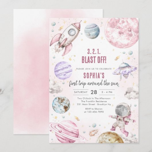 Outer Space Planets Astronaut Girl Birthday Kaart (Voorkant / Achterkant)