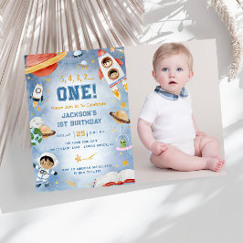 Outer Space Planets Eerste Verjaardag Party Foto Kaart