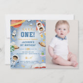 Outer Space Planets Eerste Verjaardag Party Foto Kaart (Voorkant)