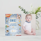 Outer Space Planets Eerste Verjaardag Party Foto Kaart (Staand voorkant)