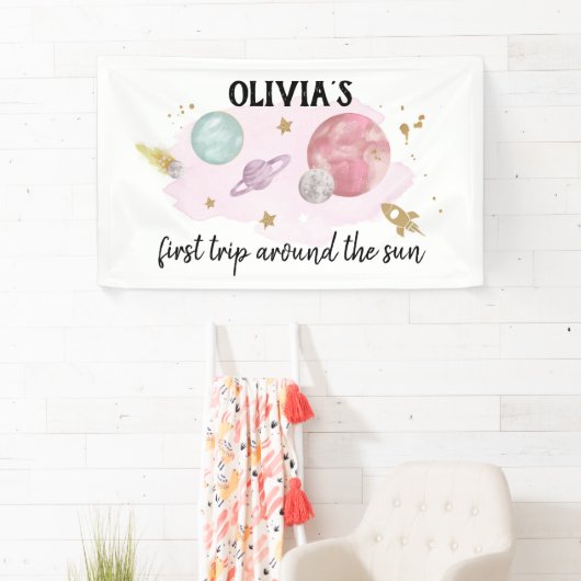 Outer Space Planets Girl Eerste Verjaardag Achterg Spandoek (Insitu)