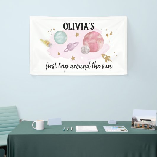 Outer Space Planets Girl Eerste Verjaardag Achterg Spandoek (Beurs)