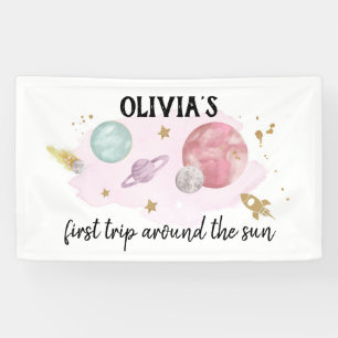 Outer Space Planets Girl Eerste Verjaardag Achterg Spandoek