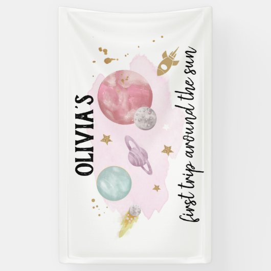 Outer Space Planets Girl Eerste Verjaardag Achterg Spandoek (Verticaal)