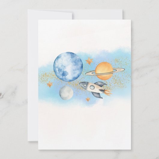 Outer Space Planets Jongen Eerste Baby shower Part Kaart (Achterkant)