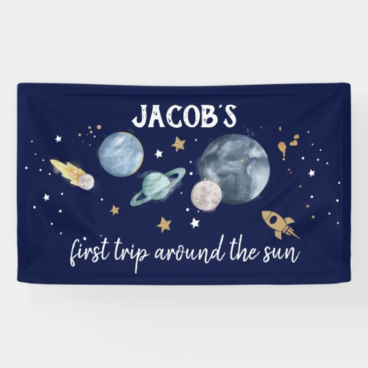 Outer Space Planets Jongen Eerste Verjaardag Achte Spandoek (Horizontaal)