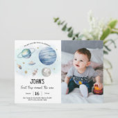 Outer Space Planets Jongen Eerste Verjaardag Foto Kaart (Staand voorkant)