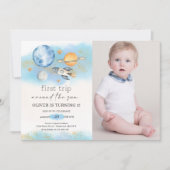 Outer Space Planets Jongen Eerste Verjaardag Foto Kaart (Voorkant)