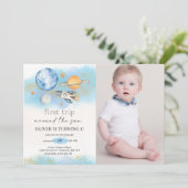 Outer Space Planets Jongen Eerste Verjaardag Foto Kaart (Staand voorkant)