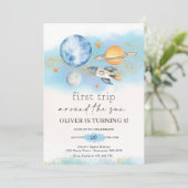 Outer Space Planets Jongen Eerste Verjaardag Kaart (Staand voorkant)