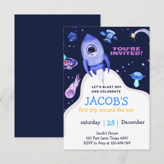 Outer Space Planets Jongen Eerste Verjaardag Kaart (Voorkant / Achterkant)