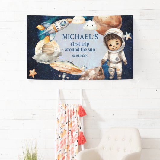 Outer Space Planets Jongen Eerste Verjaardag Spandoek (Insitu)