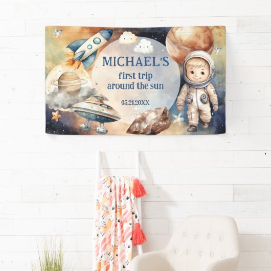 Outer Space Planets Jongen Eerste Verjaardag Spandoek (Insitu)