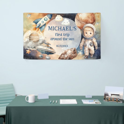 Outer Space Planets Jongen Eerste Verjaardag Spandoek (Beurs)