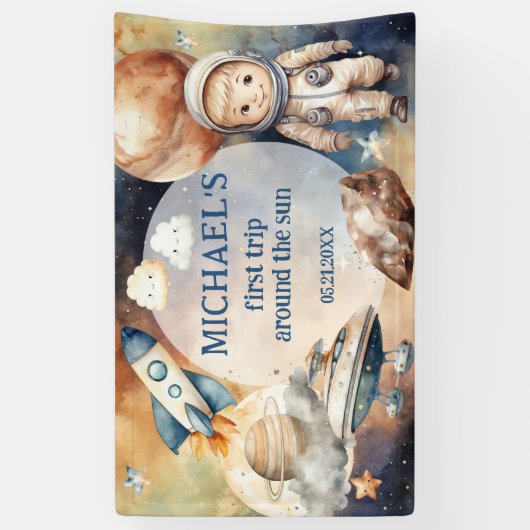 Outer Space Planets Jongen Eerste Verjaardag Spandoek (Verticaal)