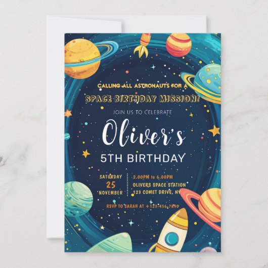 Outer Space Planets Kids Verjaardagsfeest Uitnodig Kaart (Voorkant)