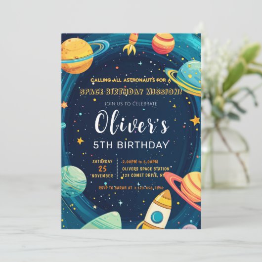Outer Space Planets Kids Verjaardagsfeest Uitnodig Kaart (Staand voorkant)