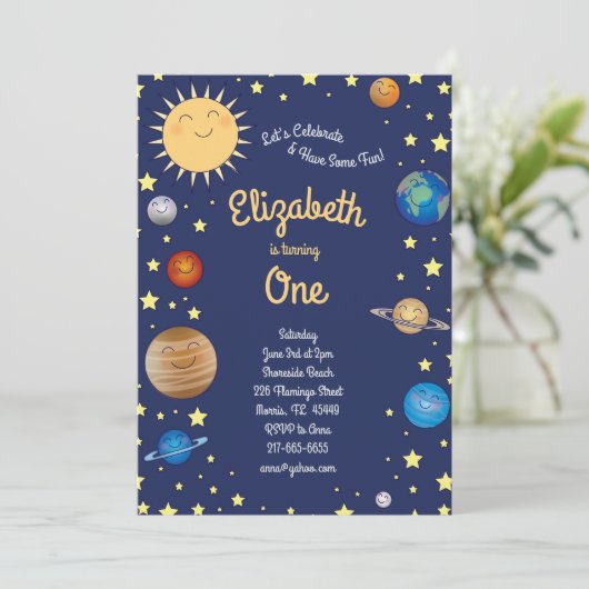 Outer Space Planets Kinder 1e verjaardagsfeestje G Kaart (Staand voorkant)