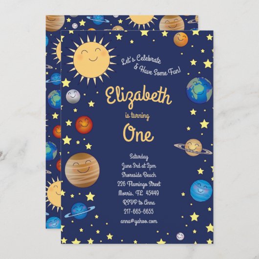 Outer Space Planets Kinder 1e verjaardagsfeestje G Kaart (Voorkant / Achterkant)