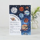 Outer Space Planets Navy Blue Boy Baby Shower  Kaart (Staand voorkant)