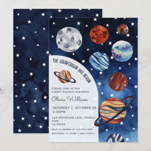 Outer Space Planets Navy Blue Boy Baby Shower  Kaart (Voorkant / Achterkant)