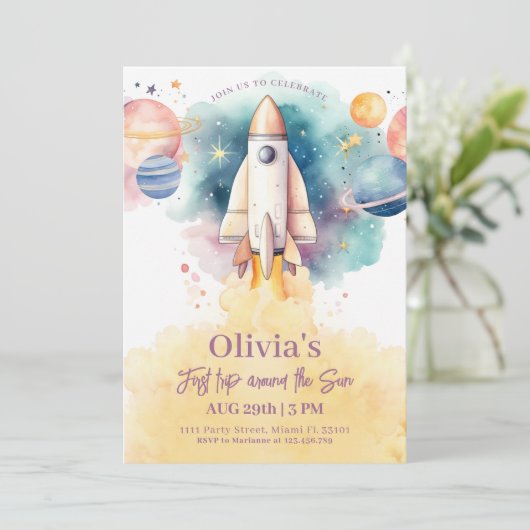 Outer Space Planets Raket Meisje Eerste Verjaardag Kaart (Staand voorkant)