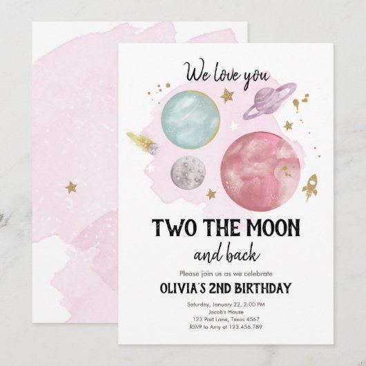 Outer Space Planets tweede verjaardag uitnodiging (Voorkant / Achterkant)