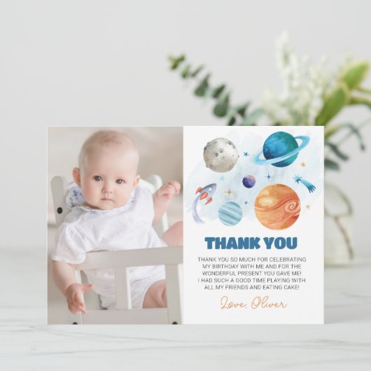 Outer Space Planets Verjaardag Foto Dank je kaart (Staand voorkant)